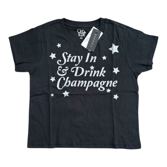 Chaser Black Graphic Tee Women’s Stay In & Drink Champagne XS T-Shirt - Picture 1 of 9